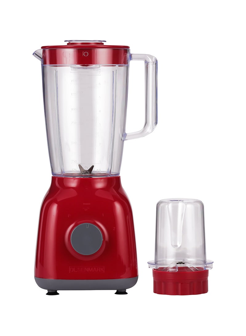 2-In-1 Blender 1.8L | 650W Powerful Motor With 2 Speed Setting And Pulse| Transparent And Unbreakable Jars With Stainless Steel Blade, Grinder Attachment 1.8 L 650 W OMSB2362N Red