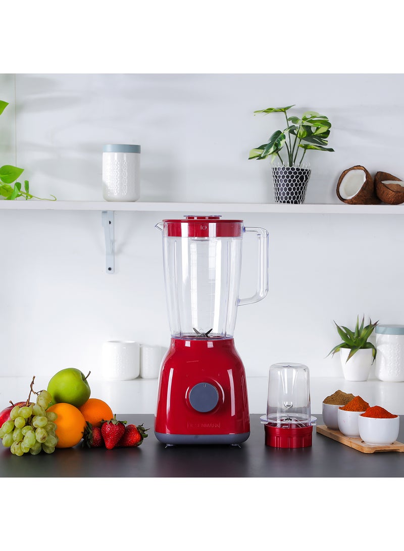 2-In-1 Blender 1.8L | 650W Powerful Motor With 2 Speed Setting And Pulse| Transparent And Unbreakable Jars With Stainless Steel Blade, Grinder Attachment 1.8 L 650 W OMSB2362N Red