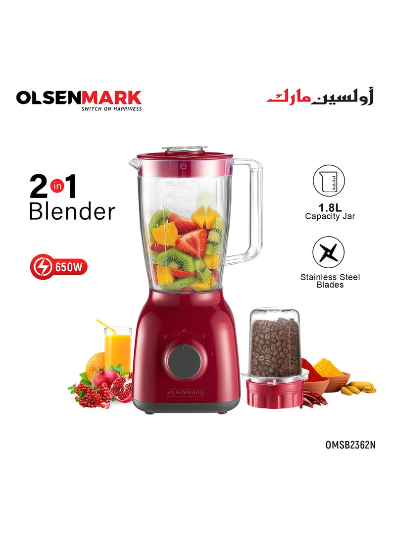 2-In-1 Blender 1.8L | 650W Powerful Motor With 2 Speed Setting And Pulse| Transparent And Unbreakable Jars With Stainless Steel Blade, Grinder Attachment 1.8 L 650 W OMSB2362N Red