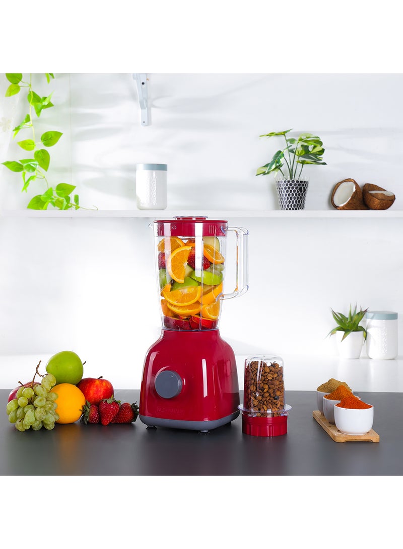 2-In-1 Blender 1.8L | 650W Powerful Motor With 2 Speed Setting And Pulse| Transparent And Unbreakable Jars With Stainless Steel Blade, Grinder Attachment 1.8 L 650 W OMSB2362N Red