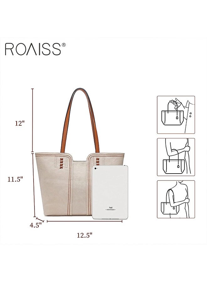 Pu Leather Large Capacity Tote Bag Fashionable Retro Large Capacity Shoulder Bag Soft Leather Contrast Design Handbag