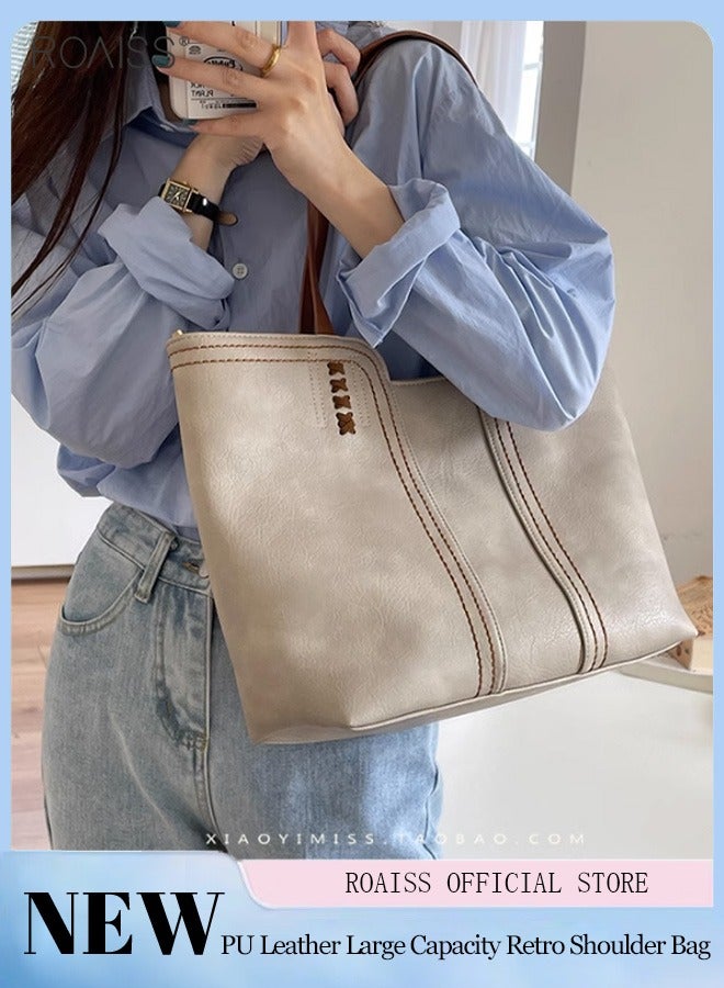 Pu Leather Large Capacity Tote Bag Fashionable Retro Large Capacity Shoulder Bag Soft Leather Contrast Design Handbag