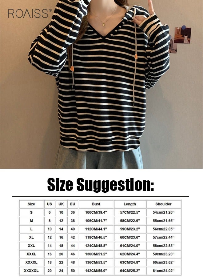 Women'S Casual Loose Hooded Pullover Classic Horizontal Stripe Hoodie Top With Short Front And Long Back