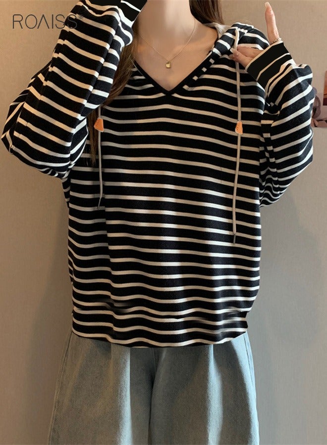 Women'S Casual Loose Hooded Pullover Classic Horizontal Stripe Hoodie Top With Short Front And Long Back