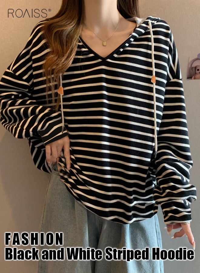 Women'S Casual Loose Hooded Pullover Classic Horizontal Stripe Hoodie Top With Short Front And Long Back