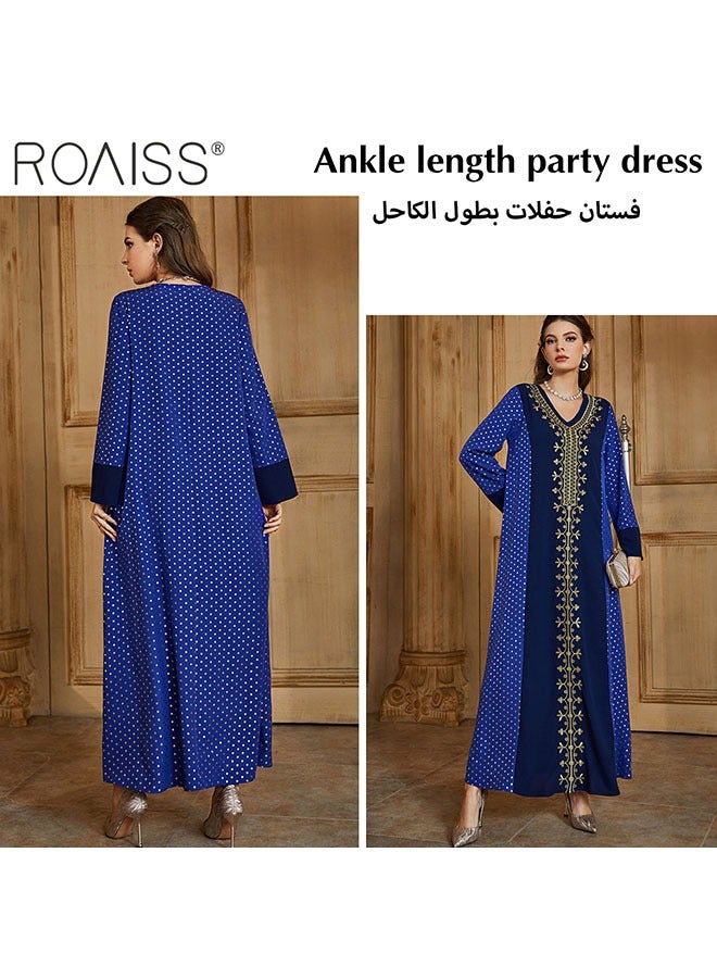 Women's Gilded Embroidered Pullover Dress Classic V-Neck Long Sleeve Design Banquet Dress Casual Loose Ankle Length Dress
