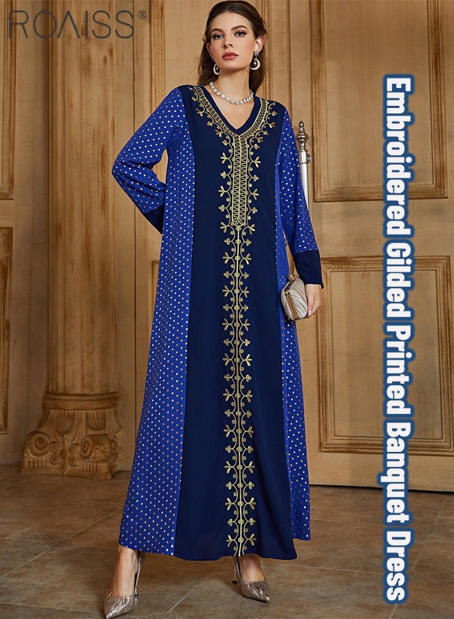 Women's Gilded Embroidered Pullover Dress Classic V-Neck Long Sleeve Design Banquet Dress Casual Loose Ankle Length Dress