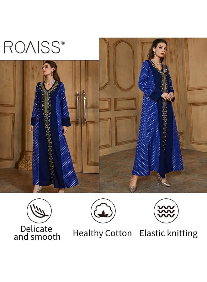 Women's Gilded Embroidered Pullover Dress Classic V-Neck Long Sleeve Design Banquet Dress Casual Loose Ankle Length Dress