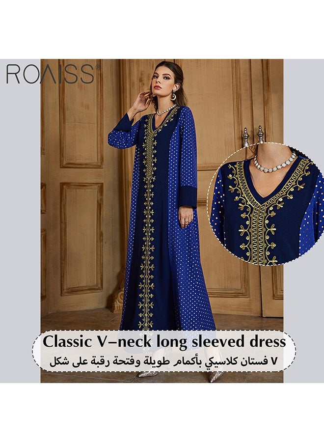 Women's Gilded Embroidered Pullover Dress Classic V-Neck Long Sleeve Design Banquet Dress Casual Loose Ankle Length Dress
