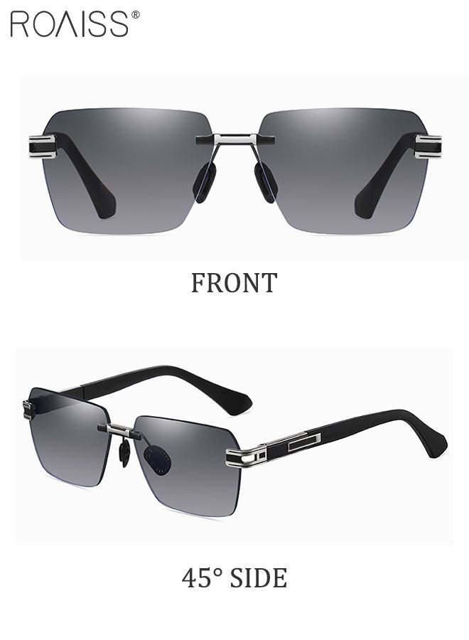 Men's Square Rimless Sunglasses, UV400 Protection Sun Glasses, Fashion Anti-Glare Sun Shades for Men Driving, Fishing, Traveling, Black Silver, 60mm