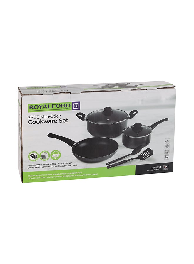 Royalford 7-Piece Non-Stick Press Aluminum Cookware Set- RF11953| Aluminum Body With 3-Layer Non-Stick Coating, CD Bottom, Bakelite Handles And Glass Lid Grey 53.5 X 12 X 31cm