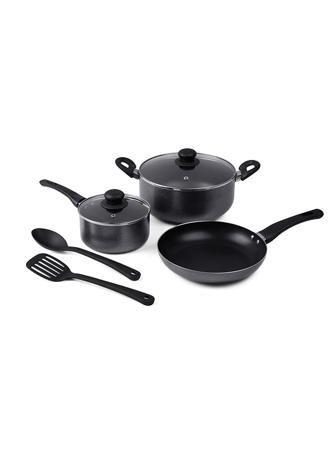 Royalford 7-Piece Non-Stick Press Aluminum Cookware Set- RF11953| Aluminum Body With 3-Layer Non-Stick Coating, CD Bottom, Bakelite Handles And Glass Lid Grey 53.5 X 12 X 31cm