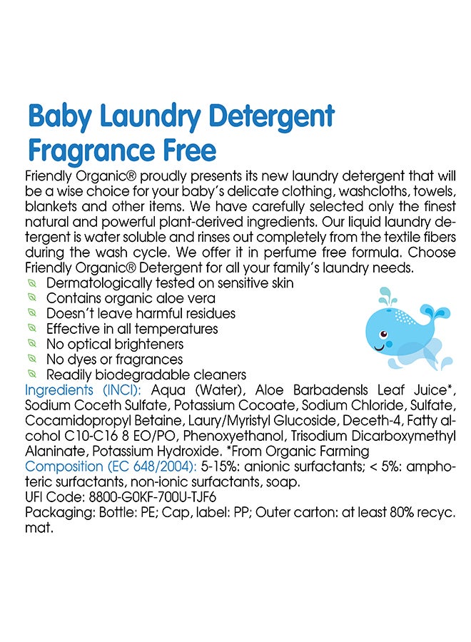 Friendly Organic Baby Liquid Laundry Detergent 100% Organic Fragrance Free 2 litre - Laundry Detergent for Baby's Delicate Cloths, Blankets and Towels