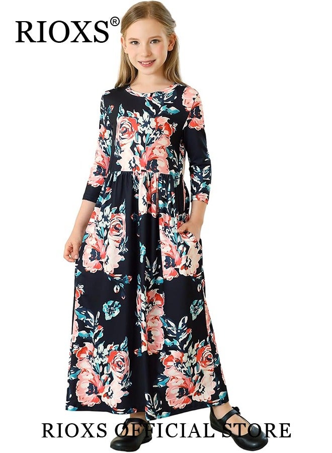 Toddler Girls Long Sleeve Maxi Dress Round Neck Floral Printed Dresses Casual Loose Long Dress With Pockets