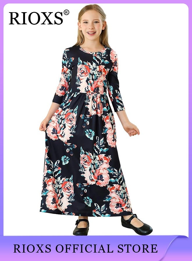 Toddler Girls Long Sleeve Maxi Dress Round Neck Floral Printed Dresses Casual Loose Long Dress With Pockets