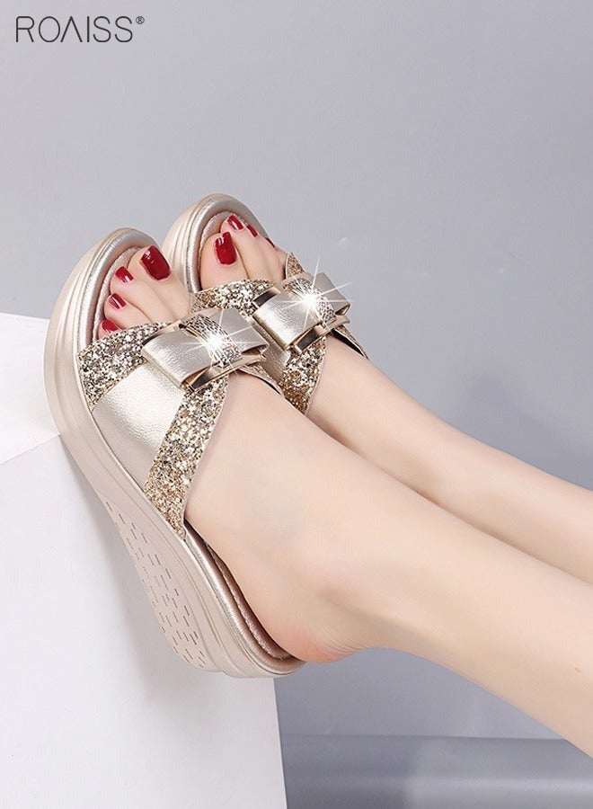 Women's Fashion Wearing Slope Heel Sandals Thick Soled Sequin Bow Slippers Smooth Shiny Open Toe Slippers