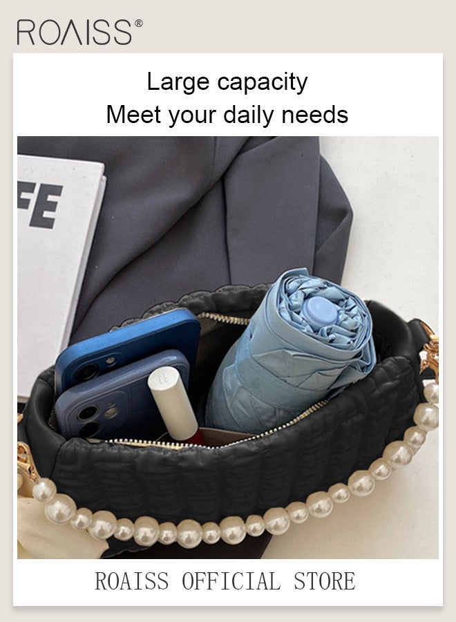 Women Minimalist Pearl Chain Handbag Niche Design Mini Square Bag with Ruffled Cloud Pattern Fashionable Crossbody Bag for Women
