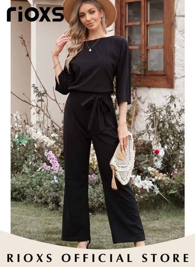 Womens Casual Jumpsuit Outfit 3/4 Long Sleeve Top And Loose Straight Leg Long Pants Romper Set With Waist Belt For Party And Daily