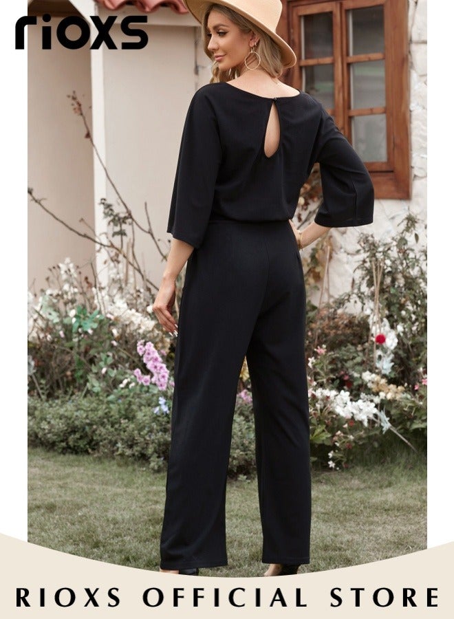 Womens Casual Jumpsuit Outfit 3/4 Long Sleeve Top And Loose Straight Leg Long Pants Romper Set With Waist Belt For Party And Daily