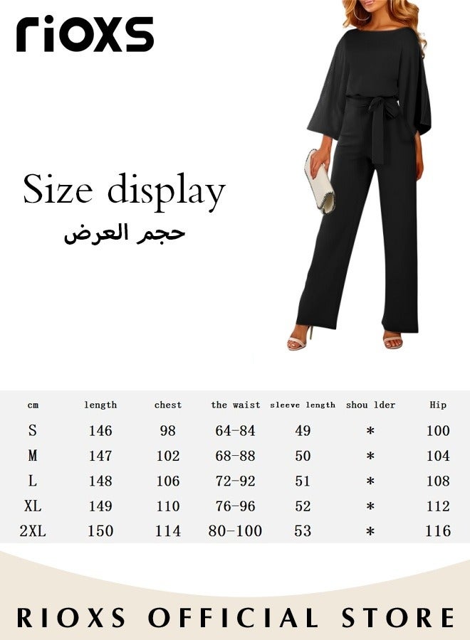 Womens Casual Jumpsuit Outfit 3/4 Long Sleeve Top And Loose Straight Leg Long Pants Romper Set With Waist Belt For Party And Daily