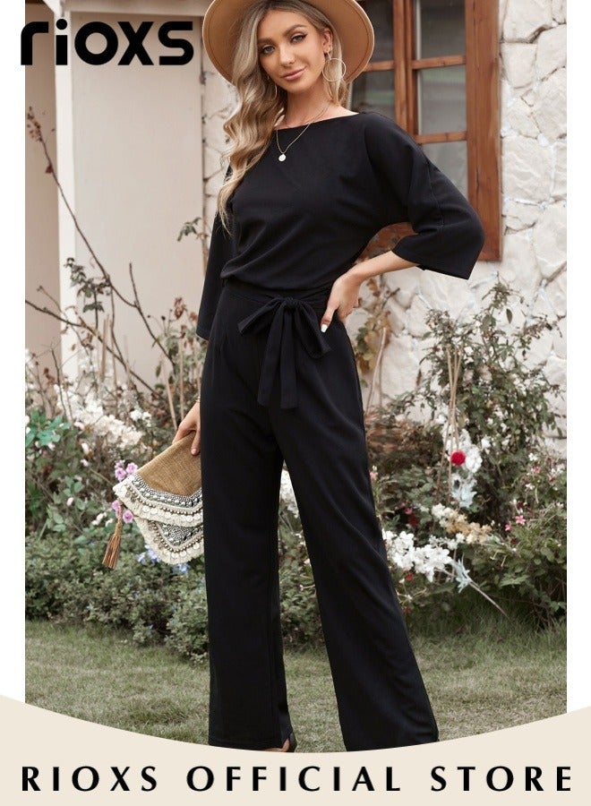 Womens Casual Jumpsuit Outfit 3/4 Long Sleeve Top And Loose Straight Leg Long Pants Romper Set With Waist Belt For Party And Daily