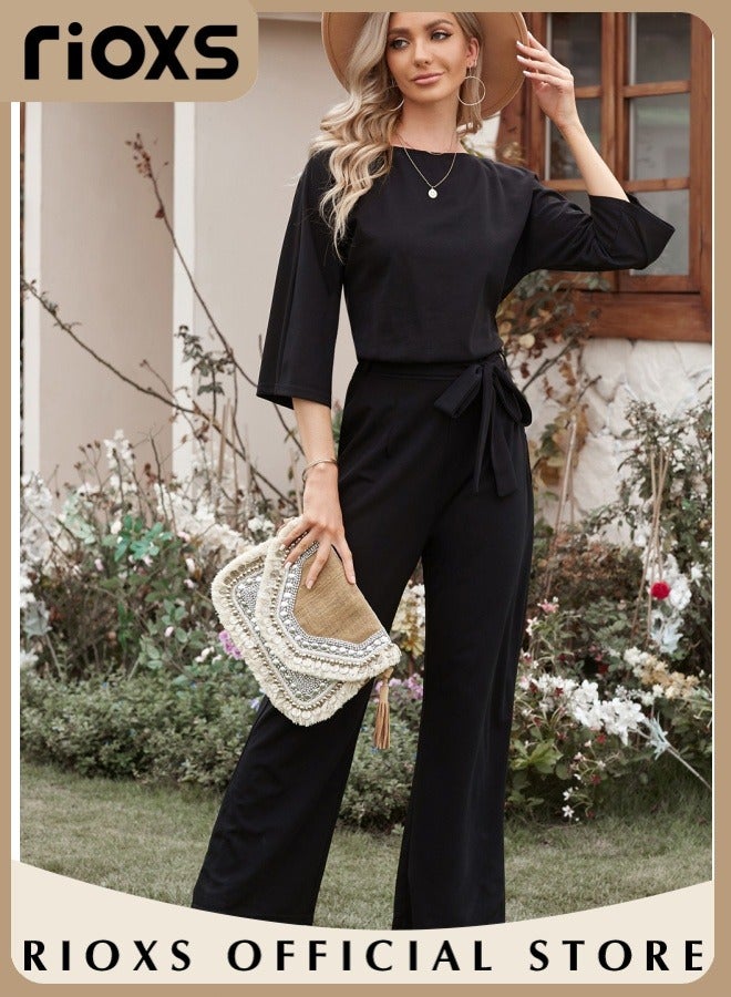 Womens Casual Jumpsuit Outfit 3/4 Long Sleeve Top And Loose Straight Leg Long Pants Romper Set With Waist Belt For Party And Daily