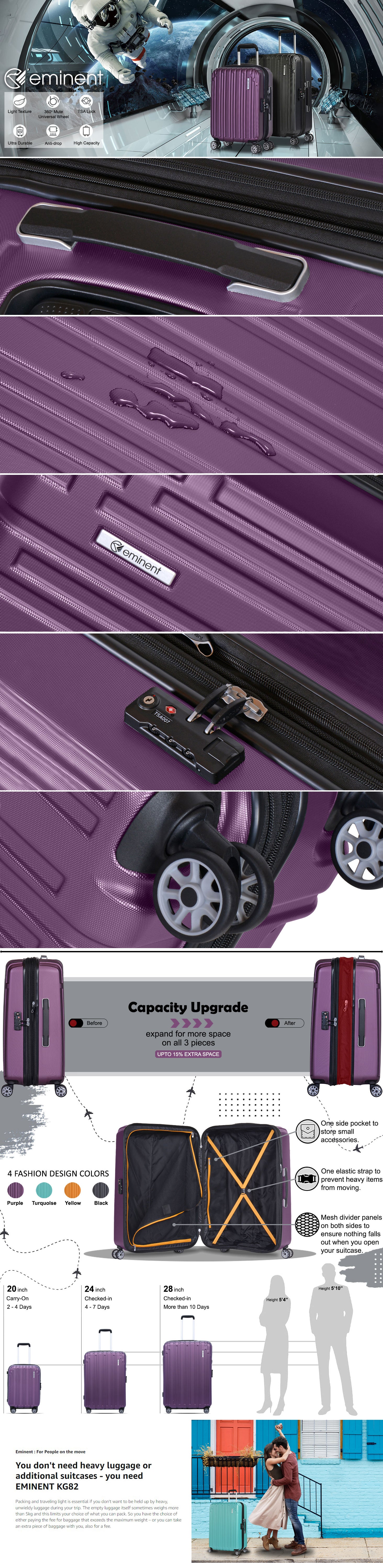 Hard Case Trolley Luggage Set of 3 Makrolon Polycarbonate Lightweight Expandable Zipper Travel Bags And Robust 4 Quiet Wheels With TSA Lock Kg82 Black