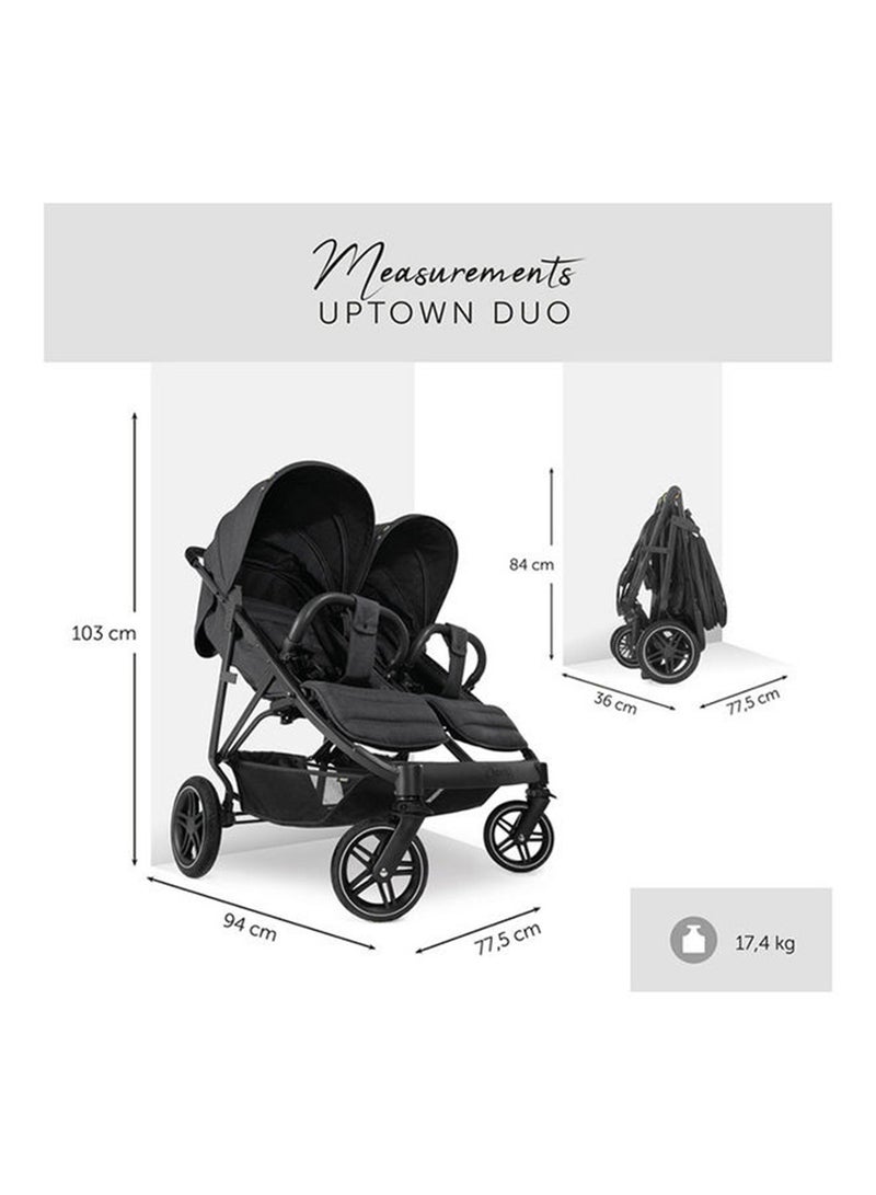 Uptown Duo Twin Push Chair, Melange Blackside By Side Double, 77Cm Wide, Up To 36Kg, Compact, With Raincover