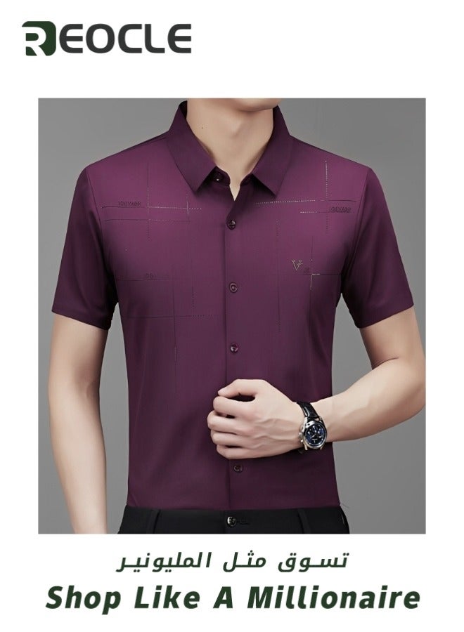 Men's Dress Shirts Wrinkle Free Regular Fit Stretch Rayon Button Down Shirt Short Sleeve Dress Cotton Dress Shirts Short Sleeve Stand Collar Shirt