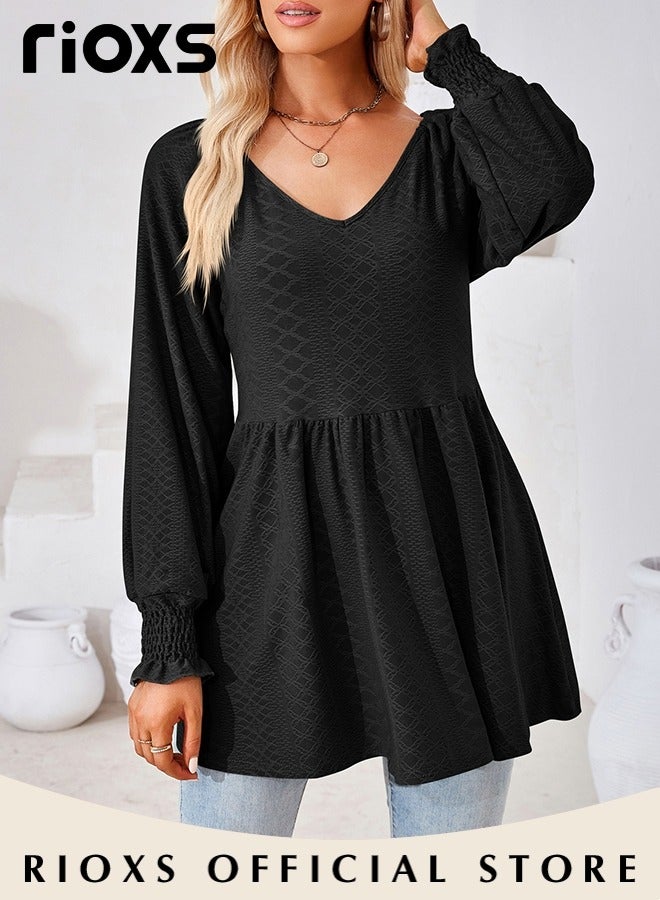 Women's V Neck Tops, Classic Comfortable Long Sleeve Tunic Blouses with Unique Dsign, Elegant Comfortable Loose Fit Blouses, Suitable for a Casual Everyday Look, Formal, and Other Occasions