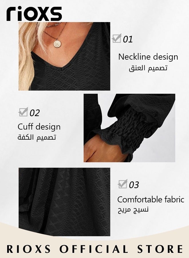 Women's V Neck Tops, Classic Comfortable Long Sleeve Tunic Blouses with Unique Dsign, Elegant Comfortable Loose Fit Blouses, Suitable for a Casual Everyday Look, Formal, and Other Occasions