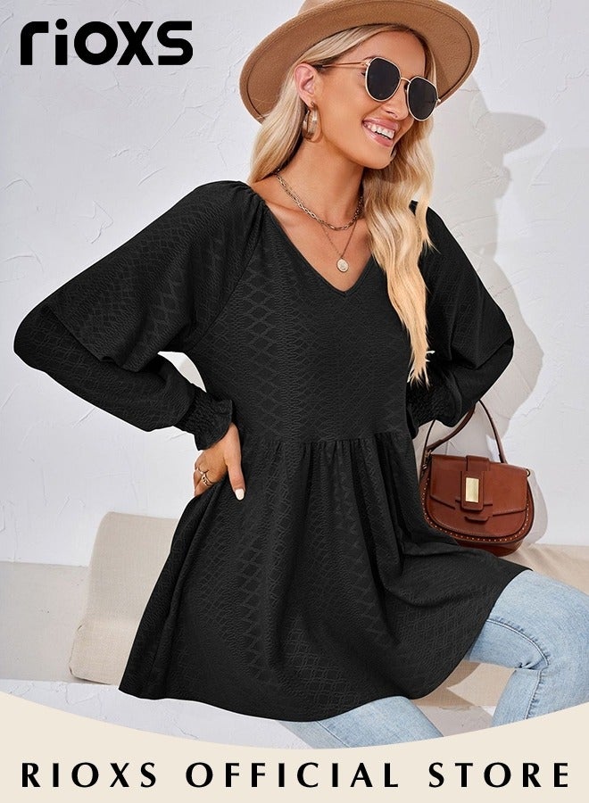 Women's V Neck Tops, Classic Comfortable Long Sleeve Tunic Blouses with Unique Dsign, Elegant Comfortable Loose Fit Blouses, Suitable for a Casual Everyday Look, Formal, and Other Occasions