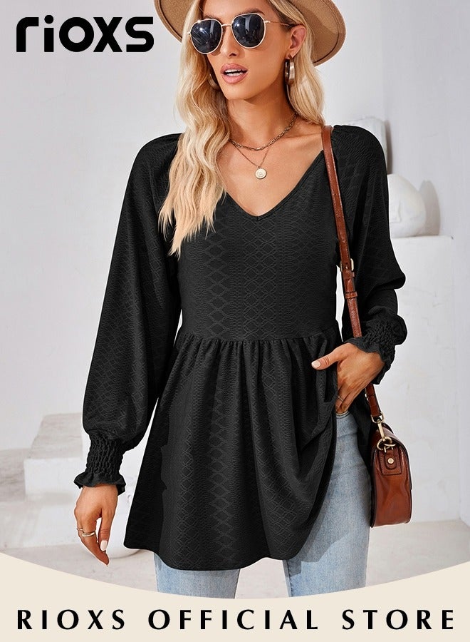 Women's V Neck Tops, Classic Comfortable Long Sleeve Tunic Blouses with Unique Dsign, Elegant Comfortable Loose Fit Blouses, Suitable for a Casual Everyday Look, Formal, and Other Occasions