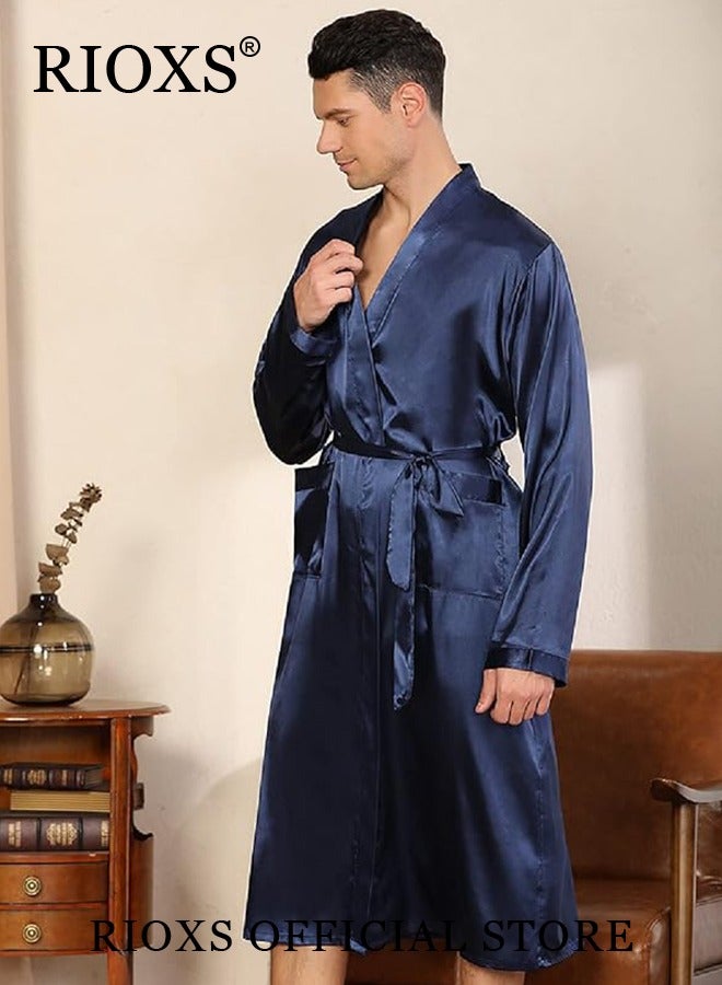 Men's 2 Piece Satin Sleepwear Long Sleeve Belted Robe And Pants Lightweight Soft Pajamas Loungewear Set