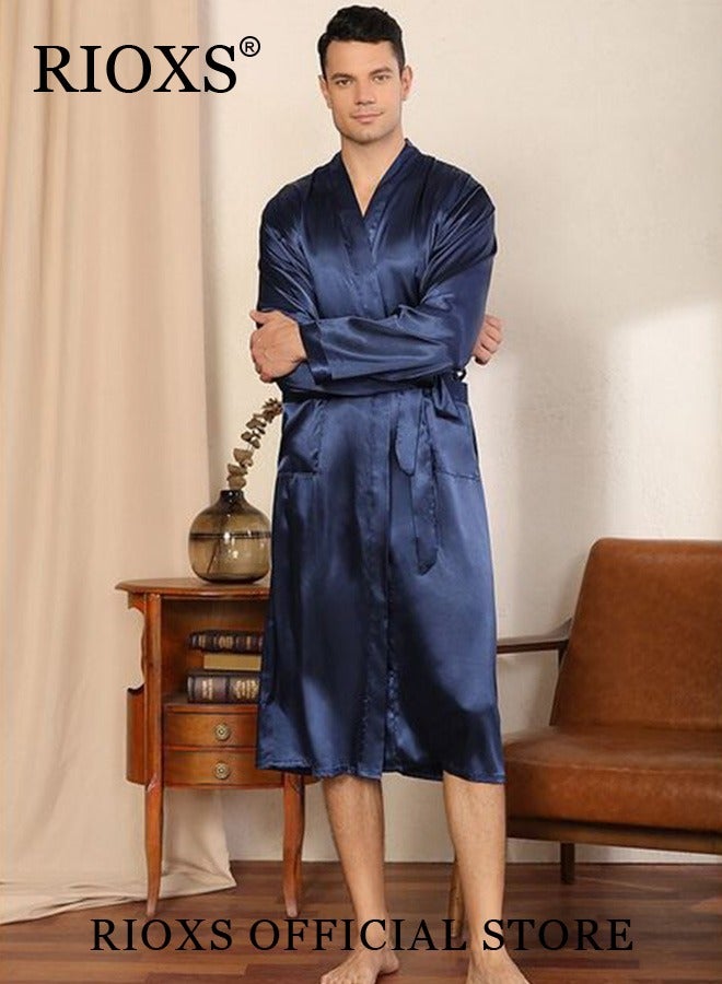 Men's 2 Piece Satin Sleepwear Long Sleeve Belted Robe And Pants Lightweight Soft Pajamas Loungewear Set