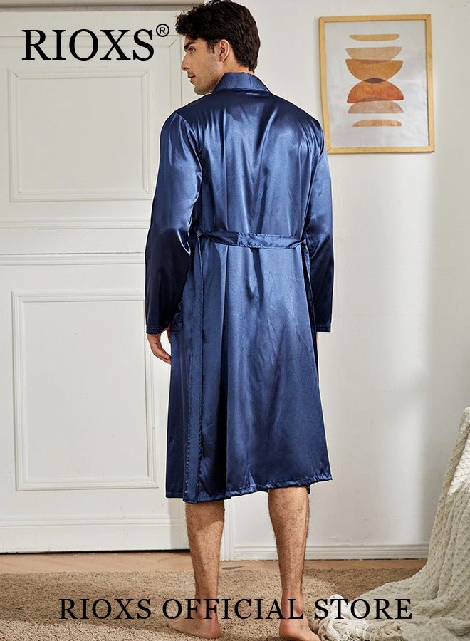 Men's 2 Piece Satin Sleepwear Long Sleeve Belted Robe And Pants Lightweight Soft Pajamas Loungewear Set