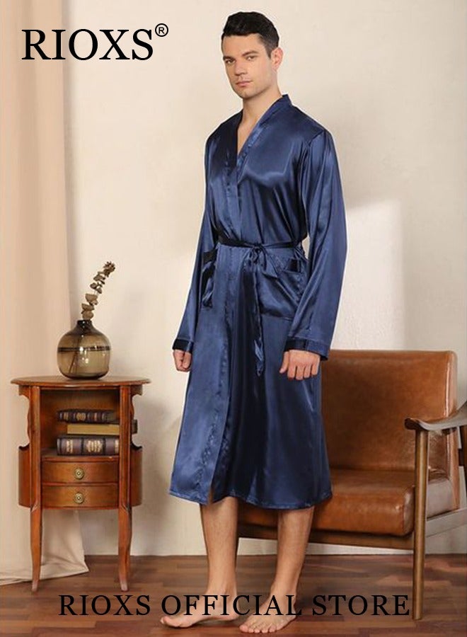 Men's 2 Piece Satin Sleepwear Long Sleeve Belted Robe And Pants Lightweight Soft Pajamas Loungewear Set