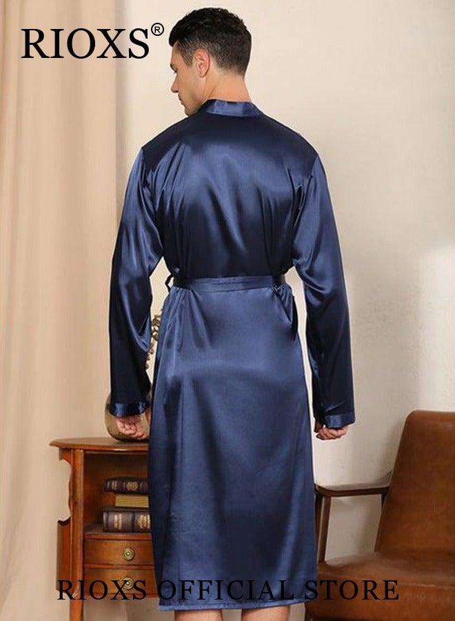 Men's 2 Piece Satin Sleepwear Long Sleeve Belted Robe And Pants Lightweight Soft Pajamas Loungewear Set