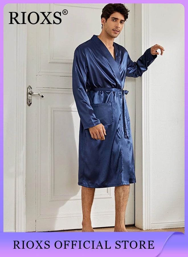 Men's 2 Piece Satin Sleepwear Long Sleeve Belted Robe And Pants Lightweight Soft Pajamas Loungewear Set