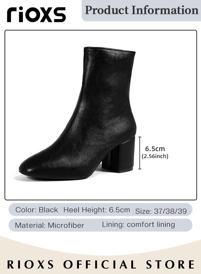 Women's High-heeled Western Cowboy Boots Ladies Solid Color Ankle Boots Simple Fashion Suqre Round Toe Leather Boots Autumn Winter Pump Shoes