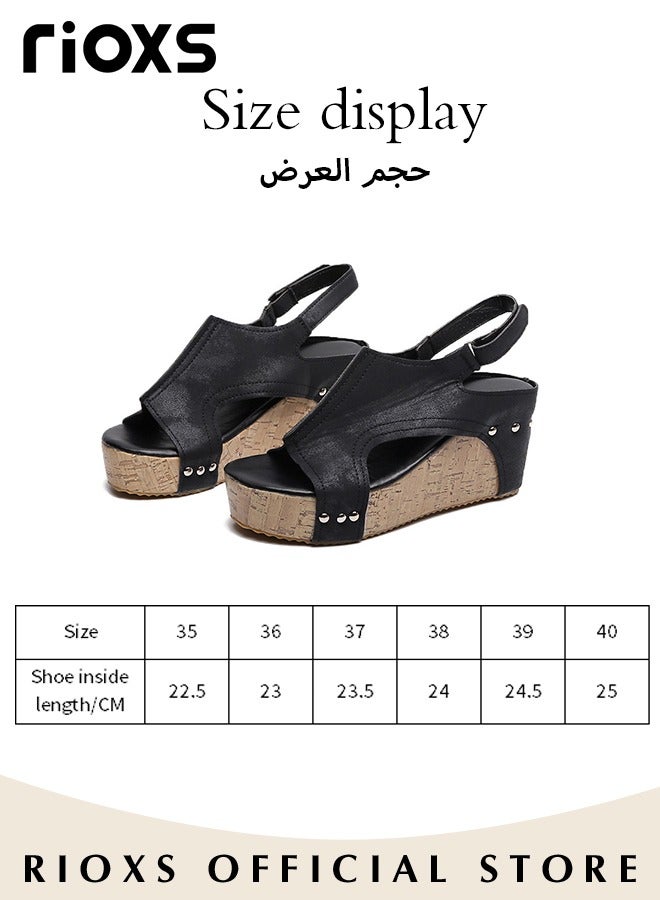 Women's Hollow Roman Wedge Sandals Round Open Toe Sandals Summer Comfortable Buckle Sandals