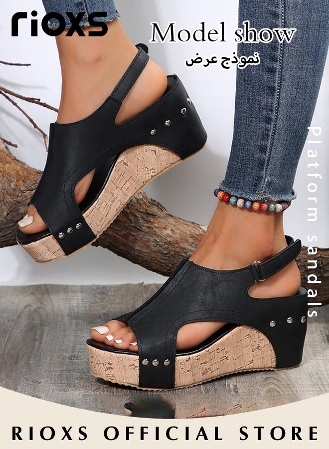 Women's Hollow Roman Wedge Sandals Round Open Toe Sandals Summer Comfortable Buckle Sandals