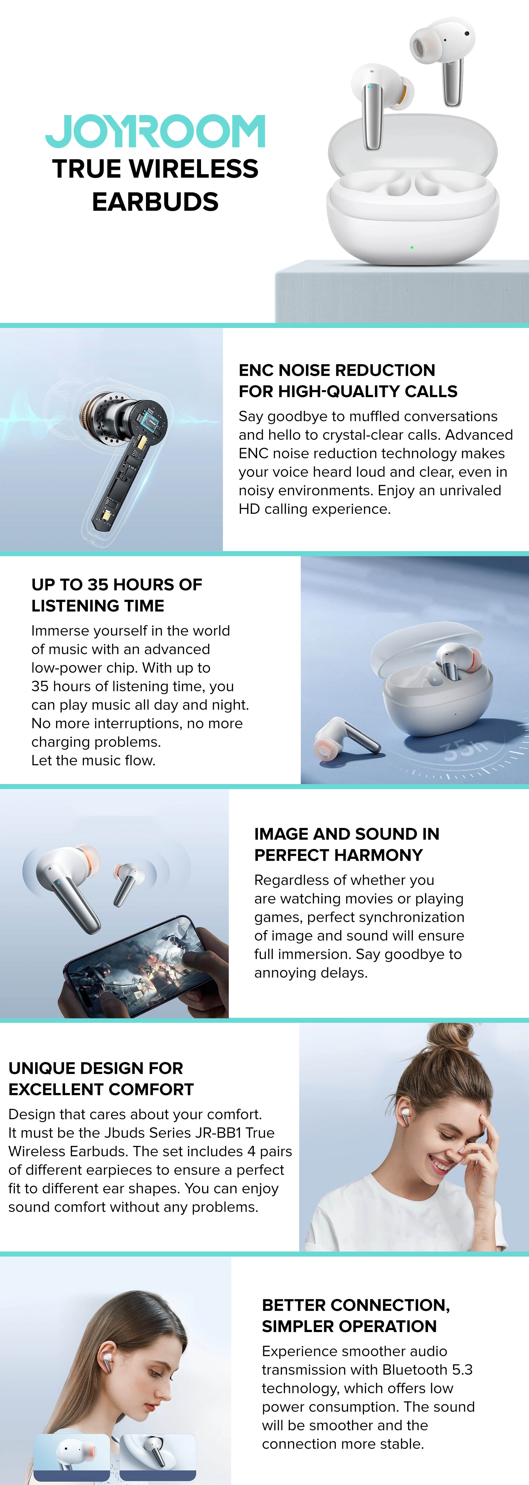 JR-BB1 4 Mic In-Ear True Wireless Bluetooth 5.3 Earphones Low Latency Fast Charging IP54 Waterproof Earbuds With Charging Case White