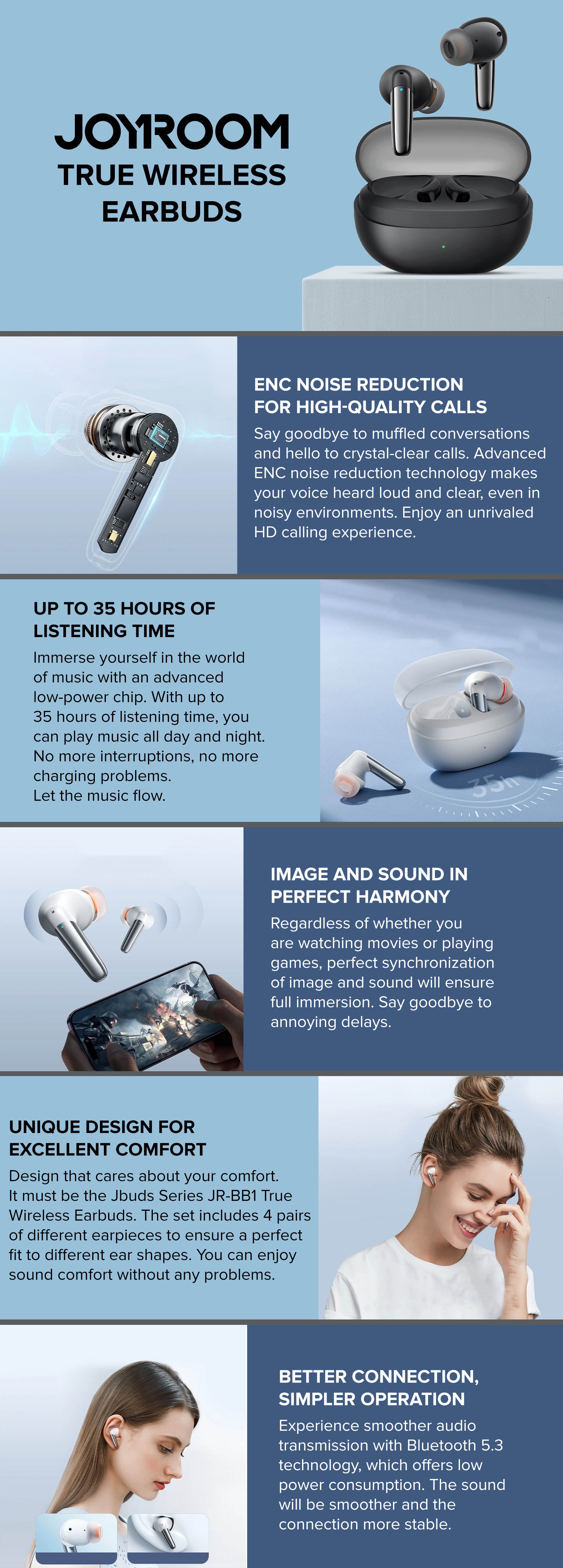 JR-BB1 4 Mic In-Ear True Wireless Bluetooth 5.3 Earphones Low Latency Fast Charging IP54 Waterproof Earbuds With Charging Case Black
