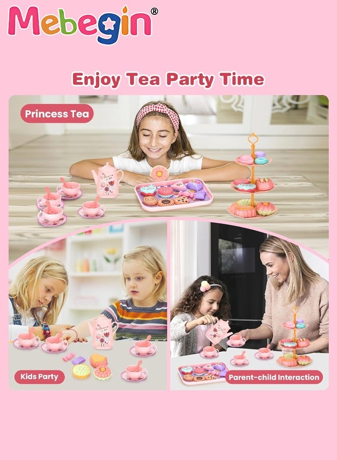 Tea Set for Little Girls, Birthday Gift for Age 3+ Years Old, Toddler Toys Tea Party Set for Little Girls, Princess Kids Kitchen Pretend Toy with Tin Tea Set, Desserts & Carrying Case