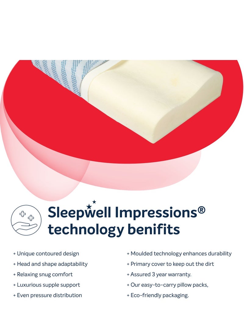 Impression Curve Foam Pillow for Pain Free Head & Neck Support, 70x44x12 CMS, Breathable, Cooling, Premium European Knitted Fabric With Washable Cover Standard White, Anti-microbial Technology