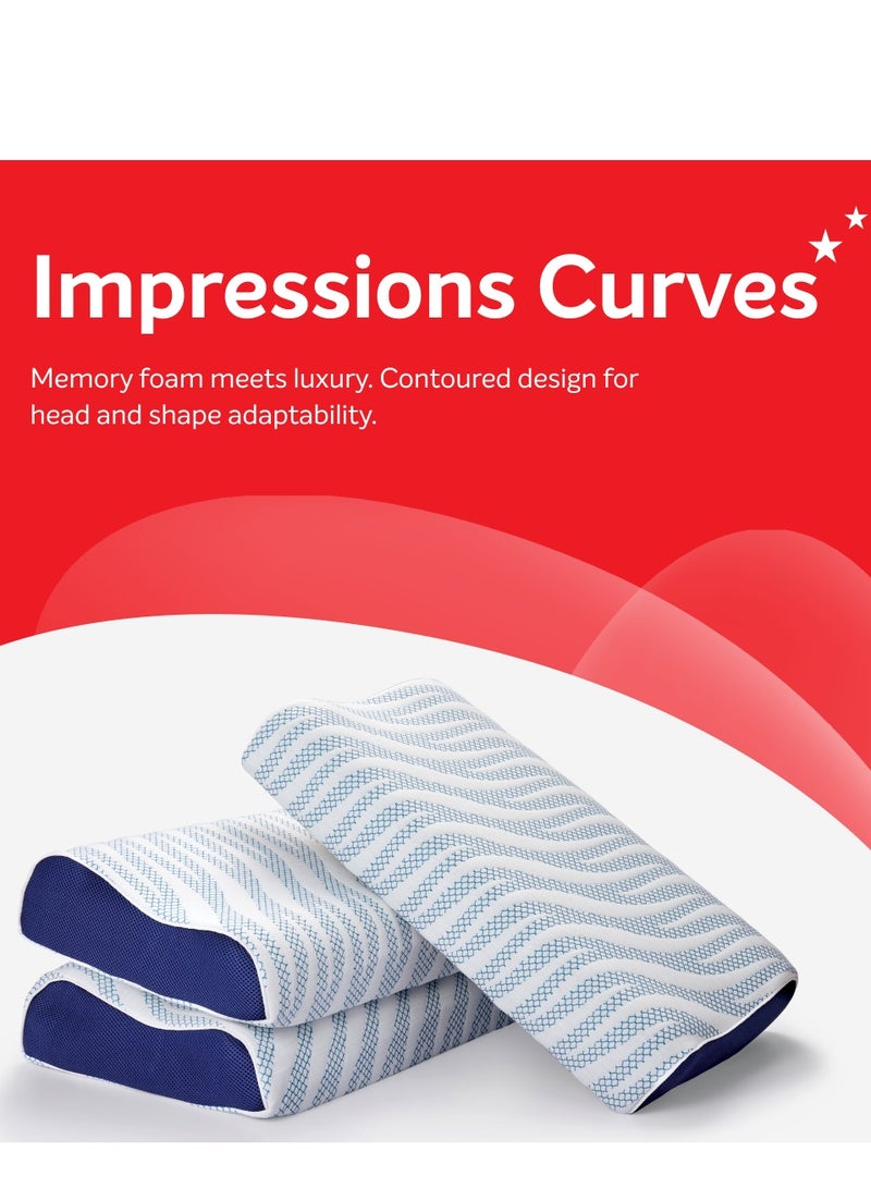 Impression Curve Foam Pillow for Pain Free Head & Neck Support, 70x44x12 CMS, Breathable, Cooling, Premium European Knitted Fabric With Washable Cover Standard White, Anti-microbial Technology
