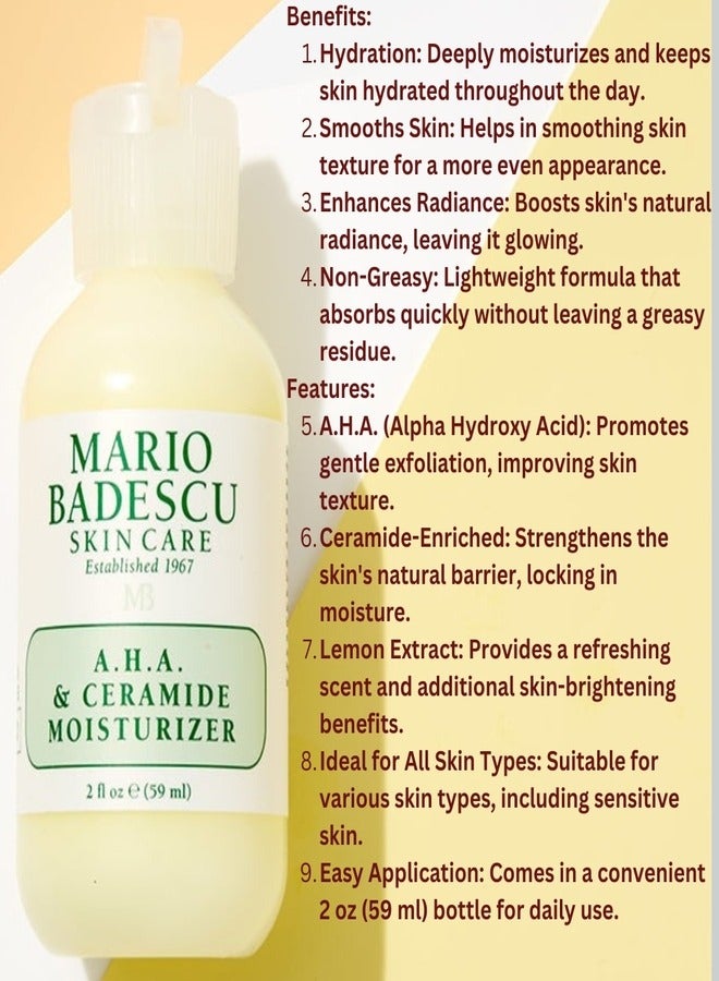 Mario Badescu A.H.A. & Ceramide Face Moisturizer for Women and Men, Ideal Facial Moisturizer for Combination or Oily Skin, Lightweight and Non-greasy Nighttime Moisturizer Face Cream, 2 Fl Oz