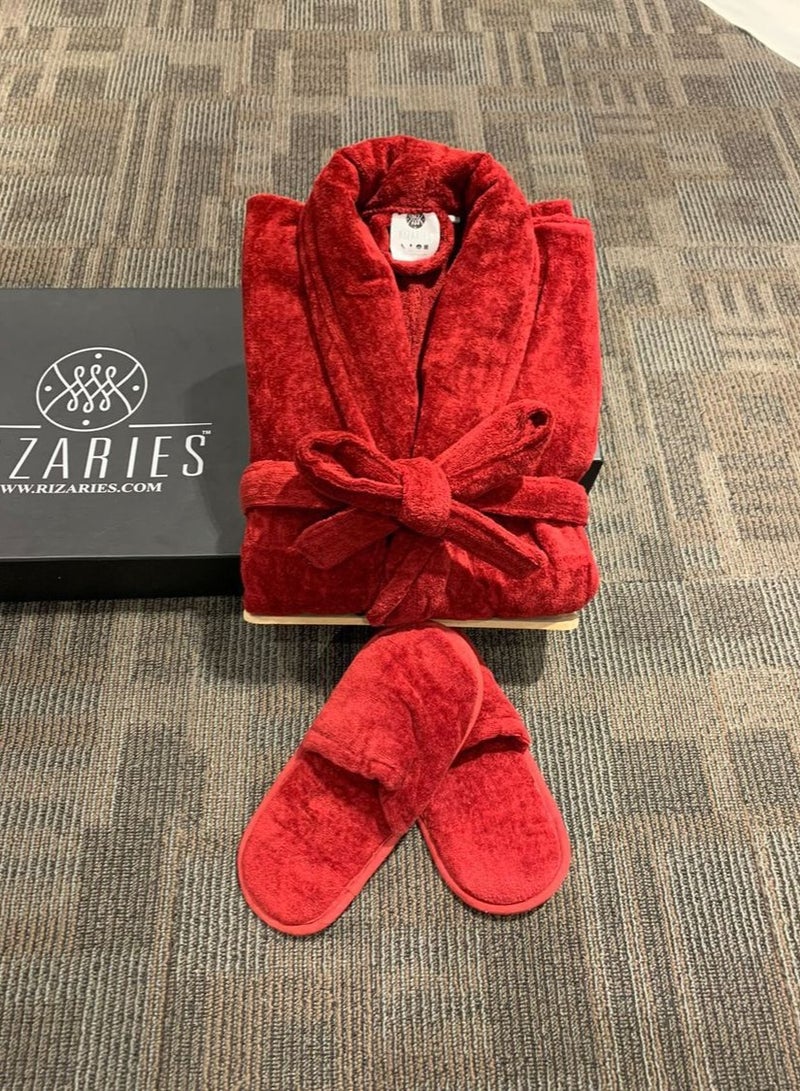 Couple Luxury Bathrobe Set Red & White - 2 Velour Bathrobe, 2 Velour Slippers - Unisex