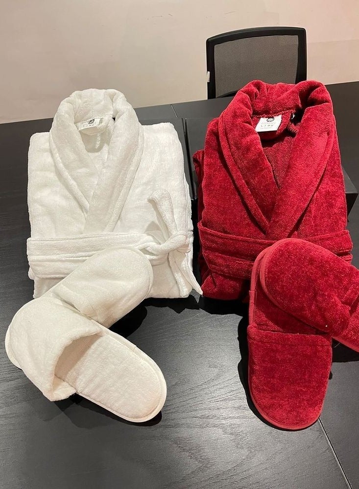 Couple Luxury Bathrobe Set Red & White - 2 Velour Bathrobe, 2 Velour Slippers - Unisex